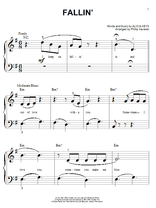 Alicia Keys Fallin' Sheet Music Notes & Chords for Piano (Big Notes) - Download or Print PDF