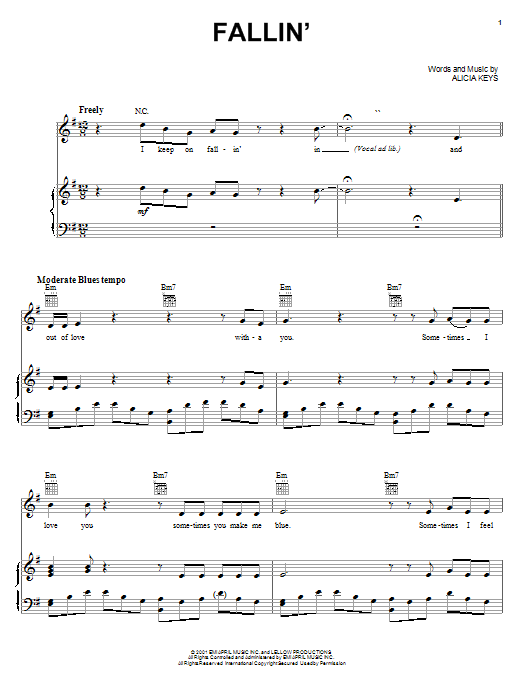 Alicia Keys Fallin' sheet music notes and chords. Download Printable PDF.