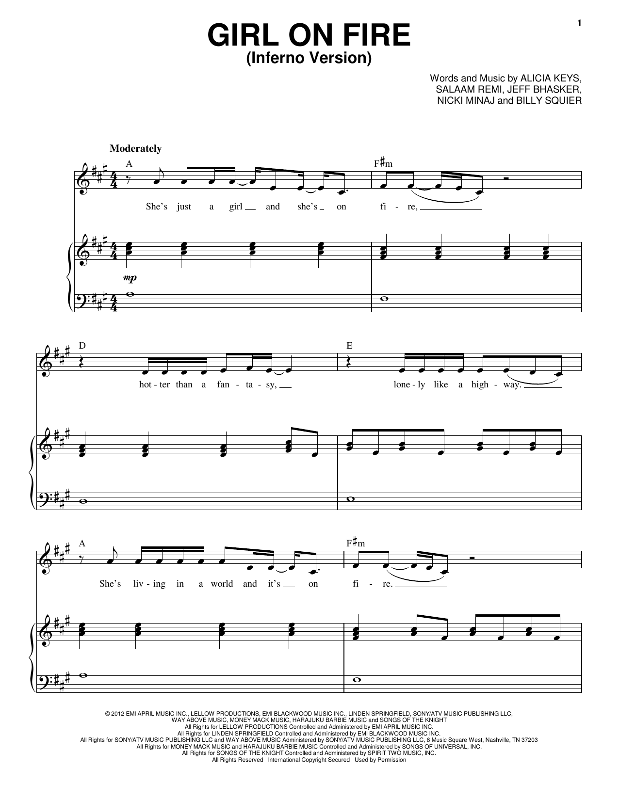 Alicia Keys Featuring Nicki Minaj Girl On Fire (Inferno Version) Sheet Music Notes & Chords for Piano & Vocal - Download or Print PDF