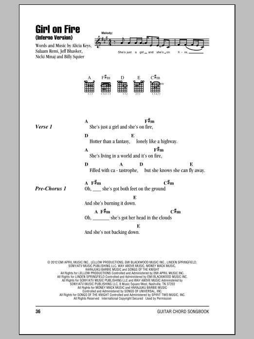 Alicia Keys Girl On Fire (Inferno Version) Sheet Music Notes & Chords for Easy Guitar Tab - Download or Print PDF