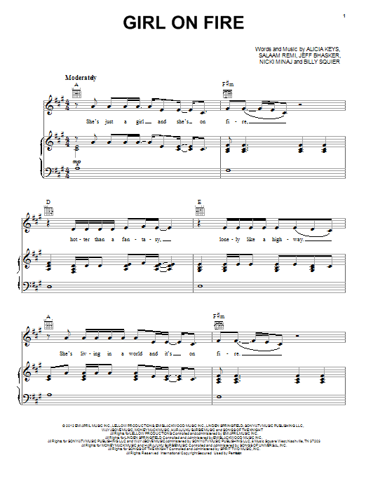 Alicia Keys Girl On Fire Sheet Music Notes & Chords for Piano, Vocal & Guitar (Right-Hand Melody) - Download or Print PDF