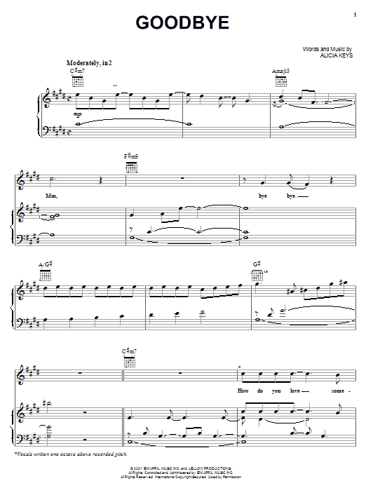 Alicia Keys Goodbye sheet music notes and chords. Download Printable PDF.