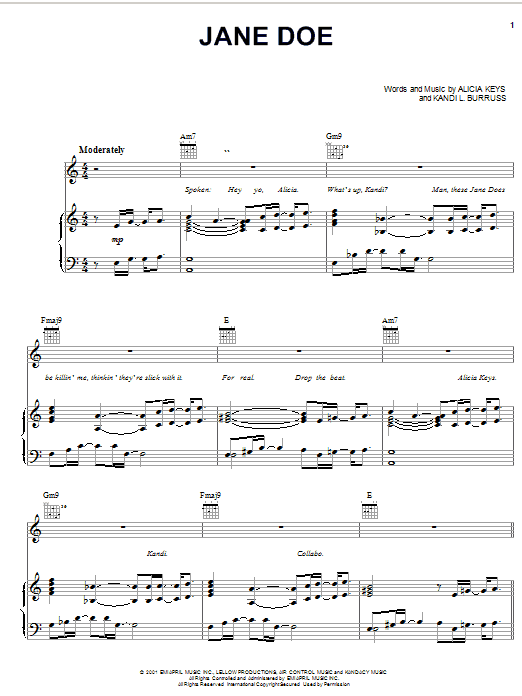 Alicia Keys Jane Doe Sheet Music Notes & Chords for Piano, Vocal & Guitar (Right-Hand Melody) - Download or Print PDF