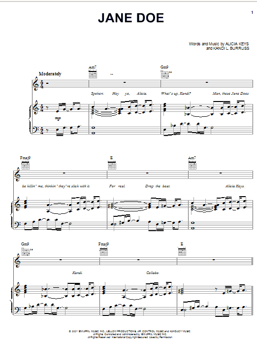 Alicia Keys Jane Doe sheet music notes and chords. Download Printable PDF.
