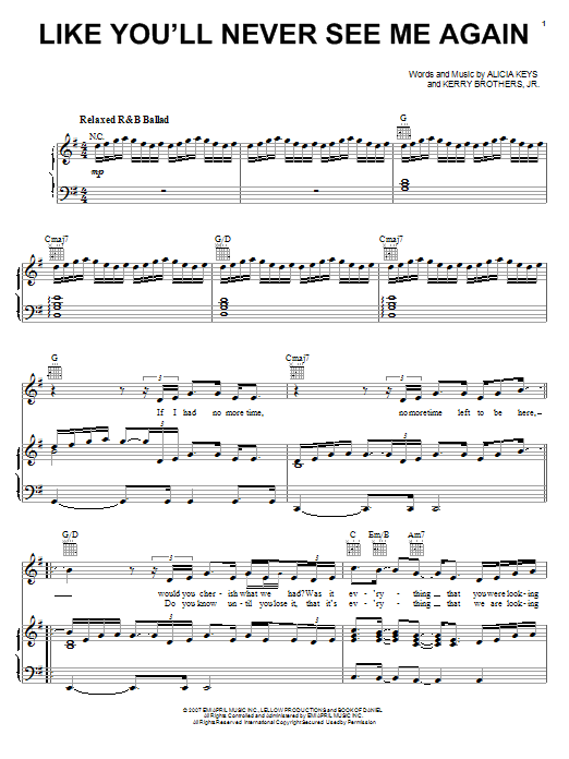 Alicia Keys Like You'll Never See Me Again Sheet Music Notes & Chords for Piano, Vocal & Guitar (Right-Hand Melody) - Download or Print PDF