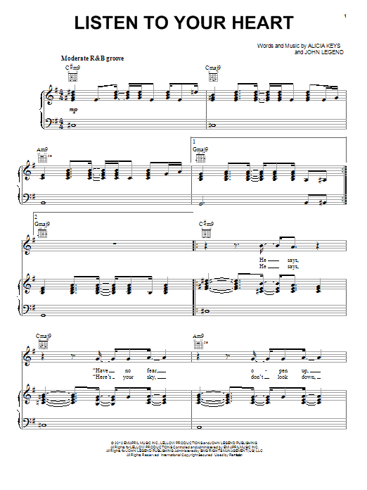 Alicia Keys Listen To Your Heart Sheet Music Notes & Chords for Piano, Vocal & Guitar (Right-Hand Melody) - Download or Print PDF