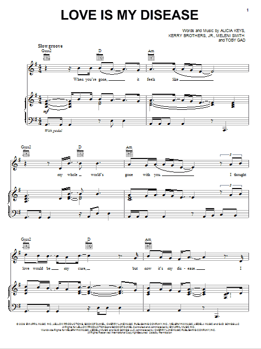 Alicia Keys Love Is My Disease Sheet Music Notes & Chords for Piano, Vocal & Guitar (Right-Hand Melody) - Download or Print PDF