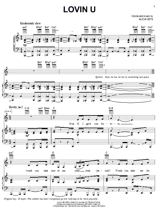 Alicia Keys Lovin U sheet music notes and chords. Download Printable PDF.
