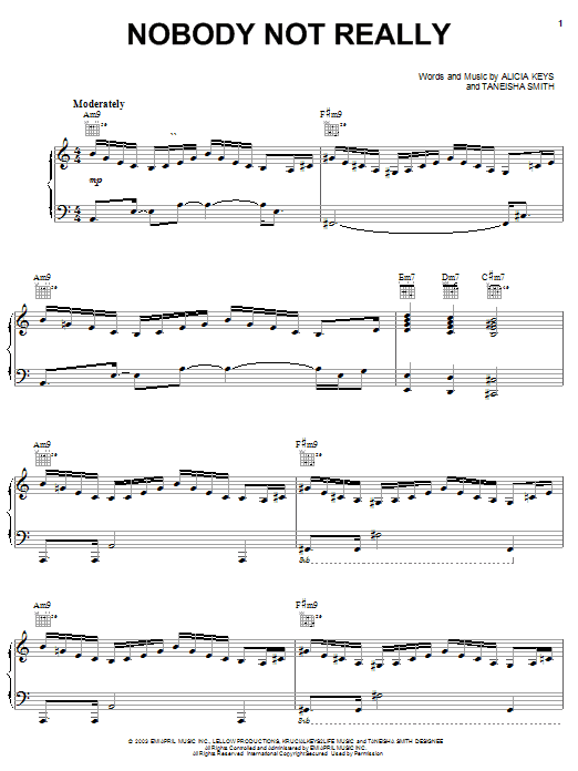 Alicia Keys Nobody Not Really Sheet Music Notes & Chords for Piano, Vocal & Guitar (Right-Hand Melody) - Download or Print PDF