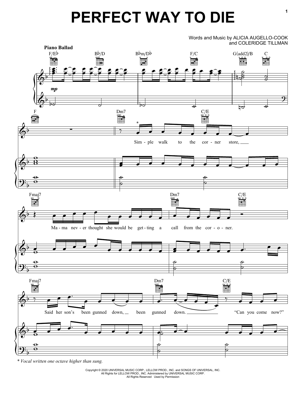 Alicia Keys Perfect Way To Die Sheet Music Notes & Chords for Piano, Vocal & Guitar (Right-Hand Melody) - Download or Print PDF