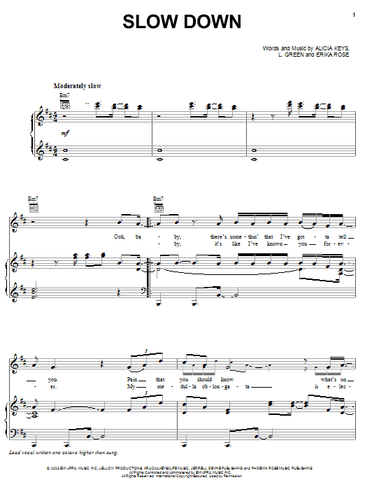 Alicia Keys Slow Down Sheet Music Notes & Chords for Piano, Vocal & Guitar (Right-Hand Melody) - Download or Print PDF