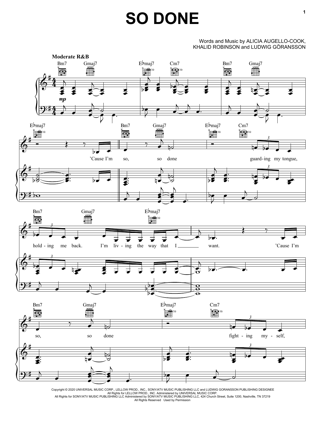 Alicia Keys So Done (feat. Khalid) Sheet Music Notes & Chords for Piano, Vocal & Guitar (Right-Hand Melody) - Download or Print PDF