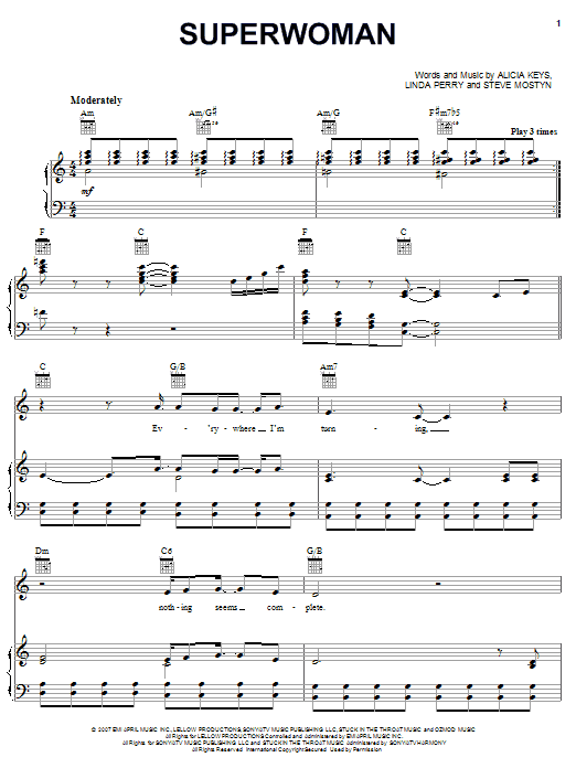 Alicia Keys Superwoman Sheet Music Notes & Chords for Piano, Vocal & Guitar (Right-Hand Melody) - Download or Print PDF