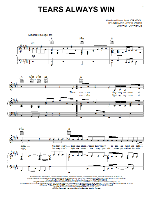 Alicia Keys Tears Always Win Sheet Music Notes & Chords for Piano, Vocal & Guitar (Right-Hand Melody) - Download or Print PDF