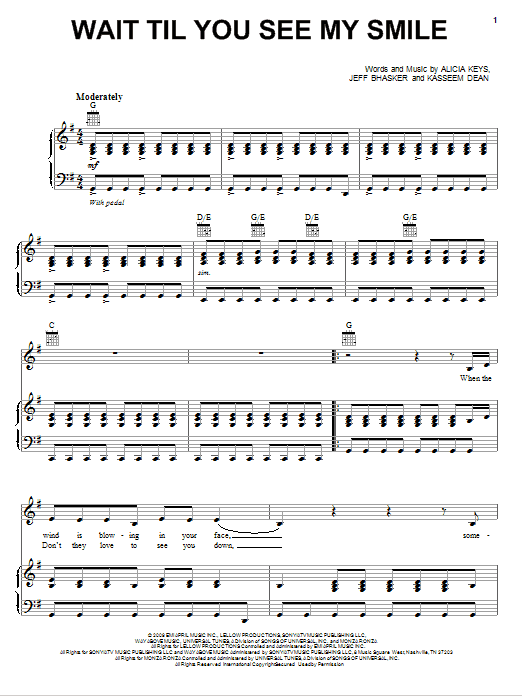 Alicia Keys Wait Til You See My Smile Sheet Music Notes & Chords for Piano, Vocal & Guitar (Right-Hand Melody) - Download or Print PDF