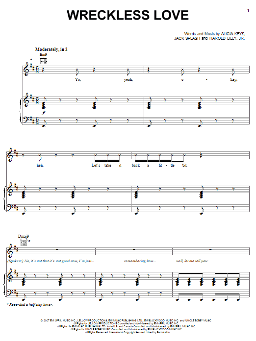 Alicia Keys Wreckless Love Sheet Music Notes & Chords for Piano, Vocal & Guitar (Right-Hand Melody) - Download or Print PDF