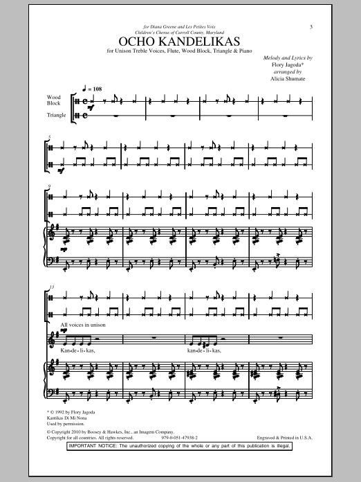 Alicia Shumate Ocho Kandelikas Sheet Music Notes & Chords for Unison Choral - Download or Print PDF