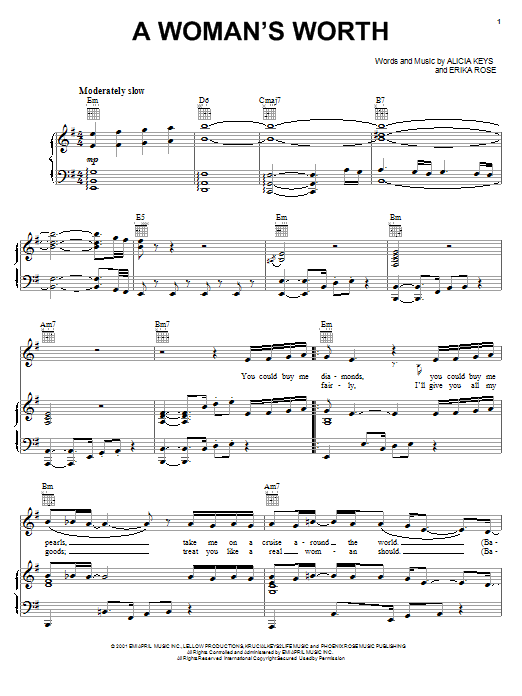 Preview Alicia Keys A Woman's Worth Pop sheet music, notes and chords for Piano, Vocal & Guitar (Right-Hand Melody), SKU: 19025 A Woman's Worth sheet music