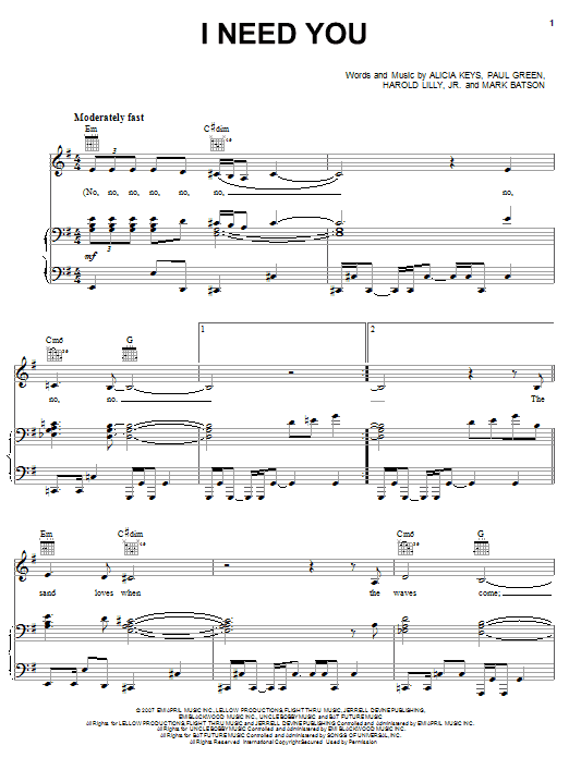 Preview Alicia Keys I Need You Pop sheet music, notes and chords for Piano, Vocal & Guitar (Right-Hand Melody), SKU: 63516 I Need You sheet music