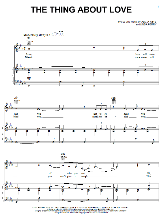 Preview Alicia Keys The Thing About Love Pop sheet music, notes and chords for Piano, Vocal & Guitar (Right-Hand Melody), SKU: 63509 The Thing About Love sheet music