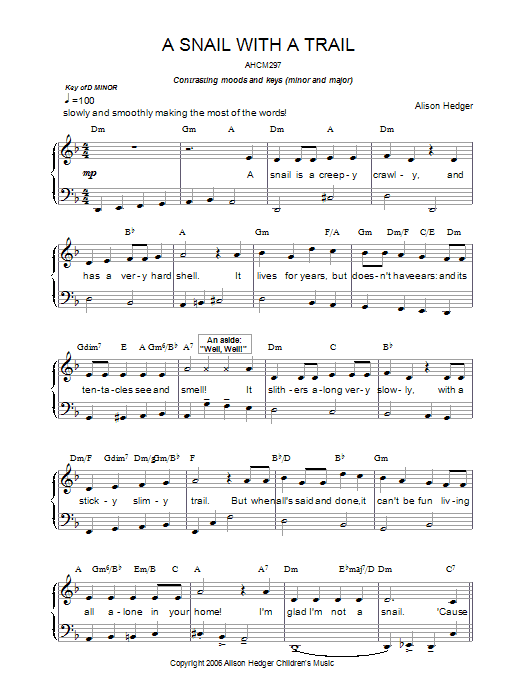 Alison Hedger A Snail With A Trail Sheet Music Notes & Chords for Piano, Vocal & Guitar (Right-Hand Melody) - Download or Print PDF