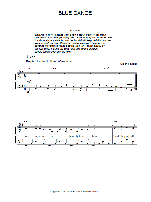 Alison Hedger Blue Canoe Sheet Music Notes & Chords for Piano, Vocal & Guitar (Right-Hand Melody) - Download or Print PDF