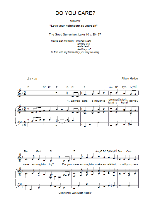 Alison Hedger Do You Care? Sheet Music Notes & Chords for Piano, Vocal & Guitar (Right-Hand Melody) - Download or Print PDF