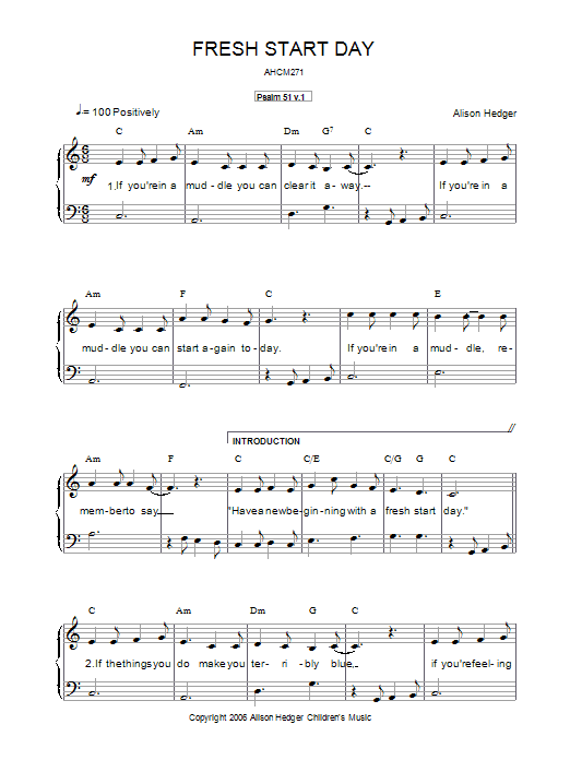 Alison Hedger Fresh Start Day Sheet Music Notes & Chords for Piano, Vocal & Guitar (Right-Hand Melody) - Download or Print PDF
