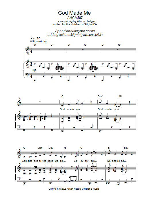 Alison Hedger God Made Me Sheet Music Notes & Chords for Piano, Vocal & Guitar (Right-Hand Melody) - Download or Print PDF