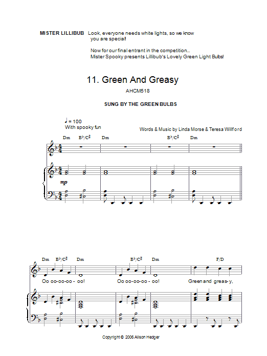 Alison Hedger Green And Greasy (from Mister Lillibub's Lovely Light Bulbs) Sheet Music Notes & Chords for Piano, Vocal & Guitar (Right-Hand Melody) - Download or Print PDF