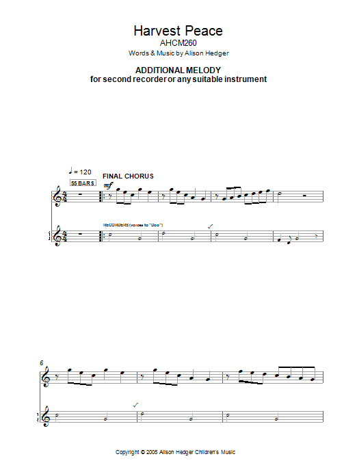 Alison Hedger Harvest Peace (Additional Melody Part) Sheet Music Notes & Chords for Melody Line, Lyrics & Chords - Download or Print PDF