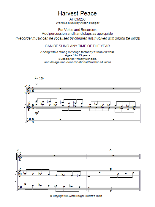 Alison Hedger Harvest Peace Sheet Music Notes & Chords for Piano, Vocal & Guitar - Download or Print PDF