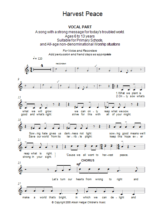 Alison Hedger Harvest Peace (Vocal Part) Sheet Music Notes & Chords for Melody Line, Lyrics & Chords - Download or Print PDF
