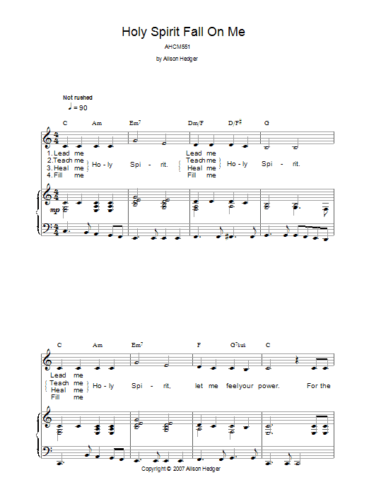 Alison Hedger Holy Spirit Fall On Me Sheet Music Notes & Chords for Piano, Vocal & Guitar (Right-Hand Melody) - Download or Print PDF
