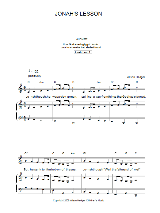 Alison Hedger Jonah's Lesson Sheet Music Notes & Chords for Piano, Vocal & Guitar (Right-Hand Melody) - Download or Print PDF