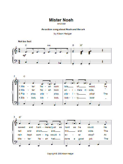 Alison Hedger Mister Noah Sheet Music Notes & Chords for Piano, Vocal & Guitar (Right-Hand Melody) - Download or Print PDF