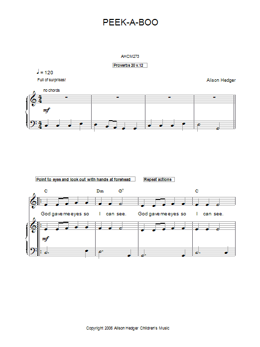 Alison Hedger Peek-A-Boo Sheet Music Notes & Chords for Piano, Vocal & Guitar (Right-Hand Melody) - Download or Print PDF