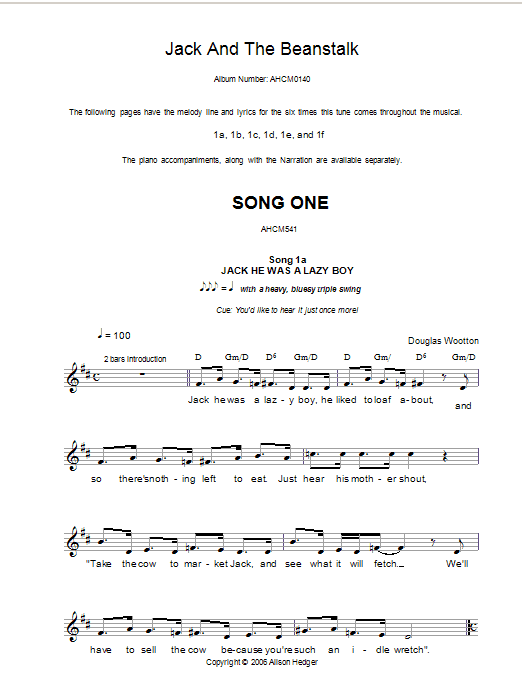 Alison Hedger Song 1 (from Jack And The Beanstalk) Sheet Music Notes & Chords for Melody Line, Lyrics & Chords - Download or Print PDF