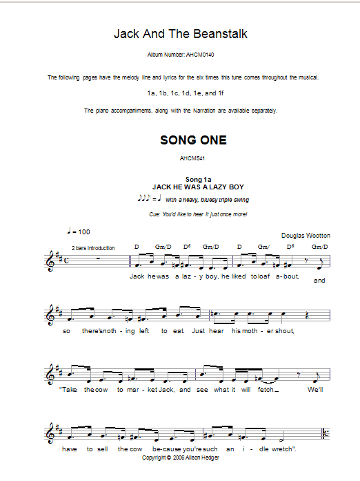 Alison Hedger Song 1 (from Jack And The Beanstalk) Sheet Music Notes & Chords for Piano - Download or Print PDF