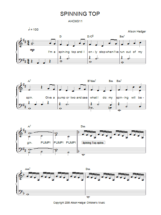 Alison Hedger Spinning Top Sheet Music Notes & Chords for Piano, Vocal & Guitar (Right-Hand Melody) - Download or Print PDF