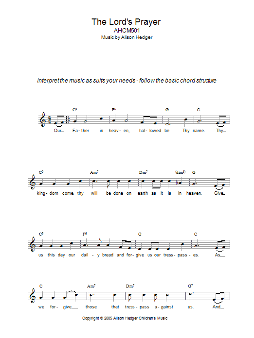 Alison Hedger The Lord's Prayer Sheet Music Notes & Chords for Melody Line, Lyrics & Chords - Download or Print PDF