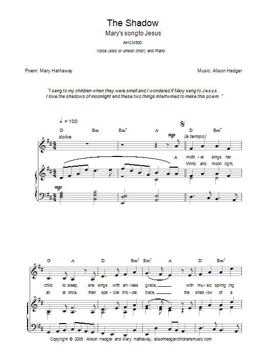 Alison Hedger The Shadow Sheet Music Notes & Chords for Piano, Vocal & Guitar (Right-Hand Melody) - Download or Print PDF