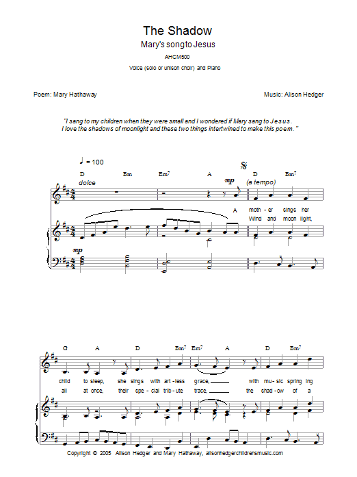Alison Hedger The Shadow Sheet Music Notes & Chords for Melody Line, Lyrics & Chords - Download or Print PDF