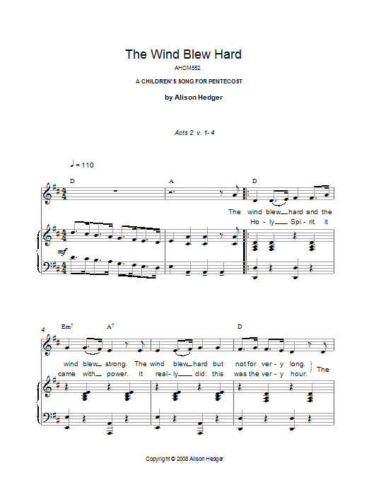 Alison Hedger The Wind Blew Hard Sheet Music Notes & Chords for Piano, Vocal & Guitar - Download or Print PDF