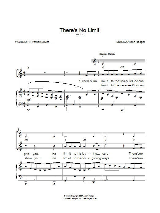 Alison Hedger There's No Limit Sheet Music Notes & Chords for Piano, Vocal & Guitar (Right-Hand Melody) - Download or Print PDF