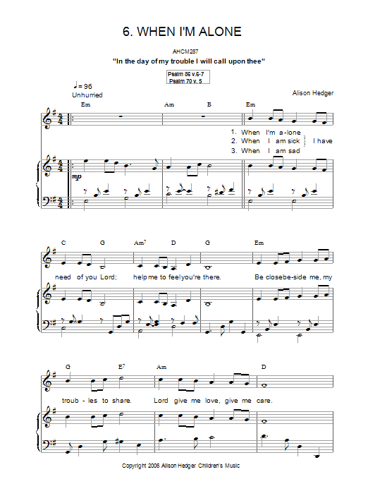 Alison Hedger When I'm Alone Sheet Music Notes & Chords for Piano, Vocal & Guitar (Right-Hand Melody) - Download or Print PDF