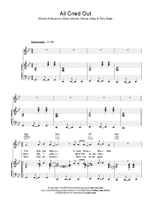 Alison Moyet All Cried Out Sheet Music Notes & Chords for Piano, Vocal & Guitar (Right-Hand Melody) - Download or Print PDF