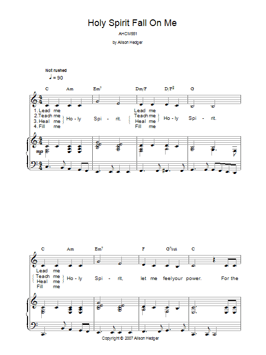 Preview Alison Hedger Holy Spirit Fall On Me Children sheet music, notes and chords for Piano, Vocal & Guitar (Right-Hand Melody), SKU: 37845 Holy Spirit Fall On Me sheet music