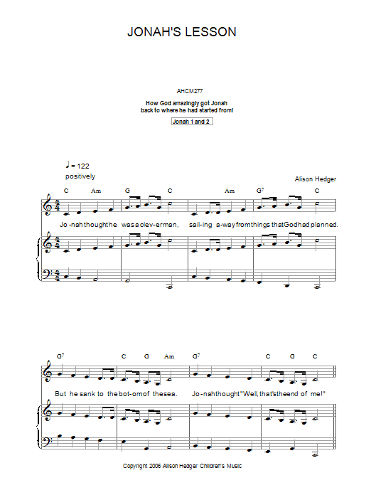 Preview Alison Hedger Jonah's Lesson Children sheet music, notes and chords for Piano, Vocal & Guitar (Right-Hand Melody), SKU: 35841 Jonah's Lesson sheet music
