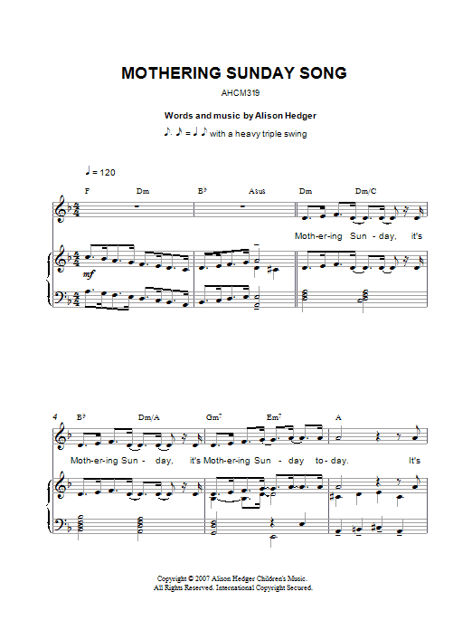 Preview Alison Hedger Mothering Sunday Song Children sheet music, notes and chords for Piano, Vocal & Guitar (Right-Hand Melody), SKU: 37362 Mothering Sunday Song sheet music